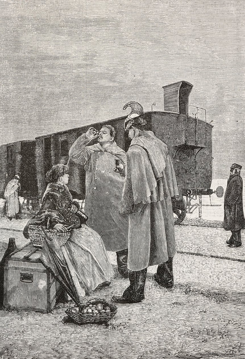 Five Minutes Stop, Two Men Standing at a Train Stop Drinking and Eating, Engraving from a Painting by Alfredo Luxoro (1859-1918), from L
