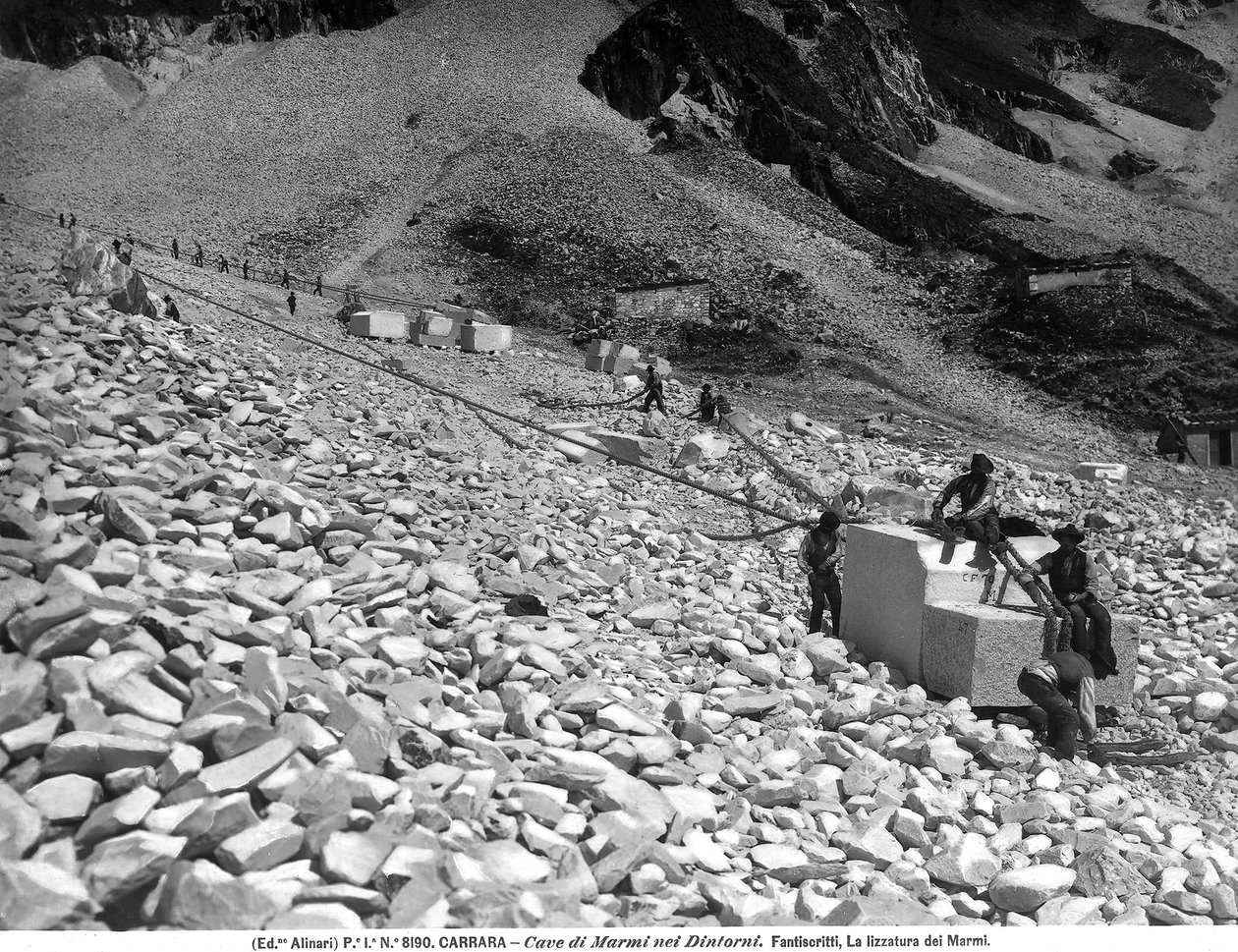 A Stage in the working of marble in the quarries near Carrara by Fratelli Alinari