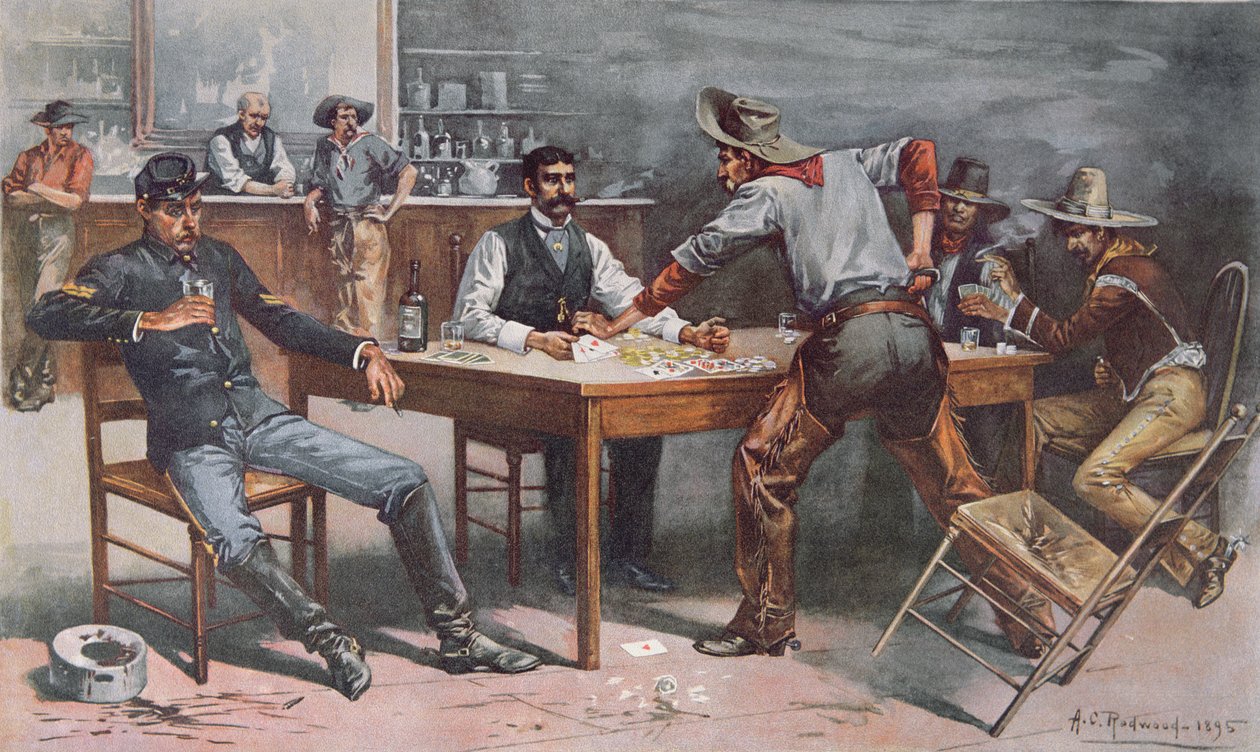 Argument over cards in a Western saloon by Allen Carter (after) Redwood