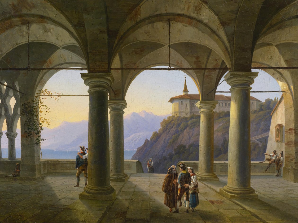 Pillar Terrace with People and View of a Mountain Lake by Alois Gustav Schulz