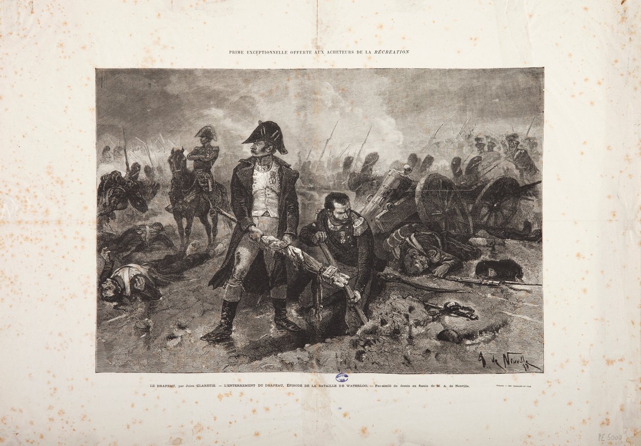 The Burial of the flag, episode of the Battle of Waterloo, engraved by Jules Claretie by Alphonse Marie de Neuville