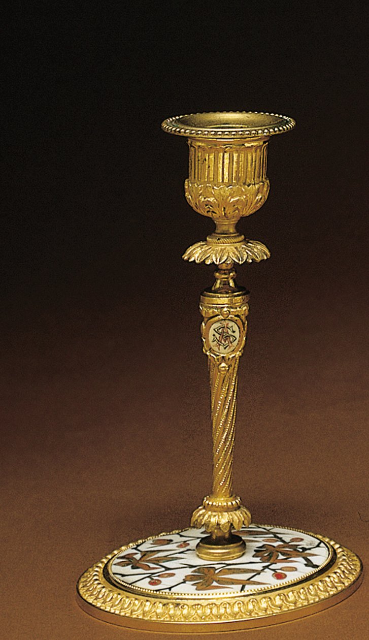 Candlestick, from a Napoleon III four-piece desk set, marquetry by Duvinage and Harinckouk by Alphonse Gustave Giroux