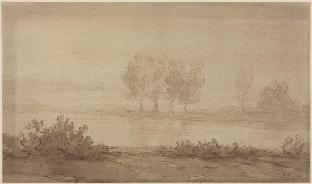 Landscape - Four Trees Beyond a River by Alphonse Legros