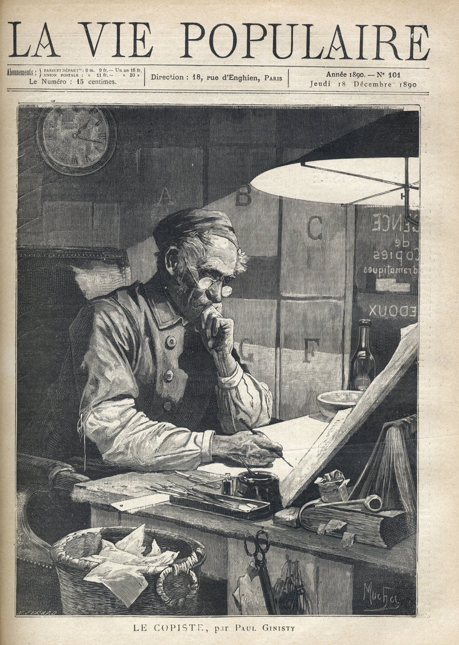 A concentrated copyist working in his office. Illustration by Alfons ...