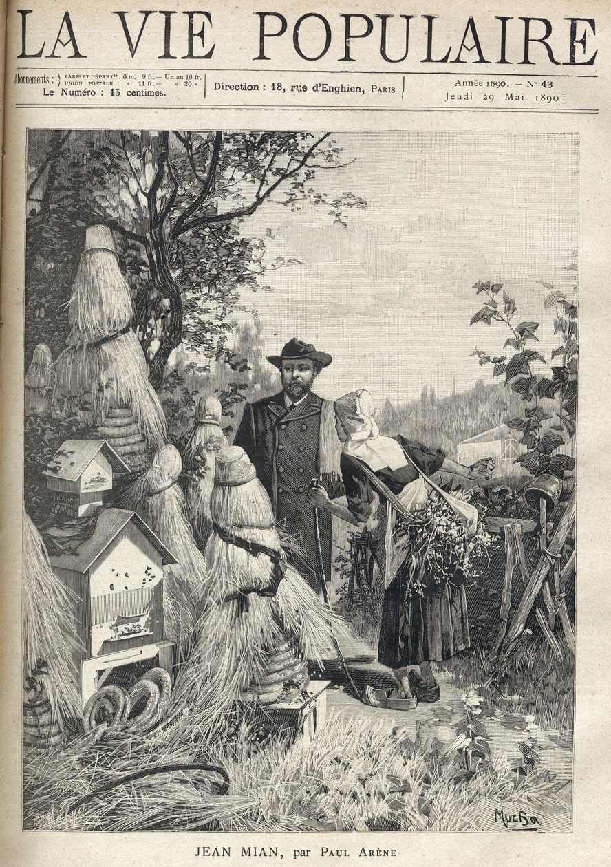 A man on a country road looks, eyes in the wave, the location of a dozen hives. An old peasant, leaning on a stick, curved under the grass crop she carries on her back, addresses him and shows him with a gesture of hand the entrance gate of a cemetery. by Alphonse Mucha