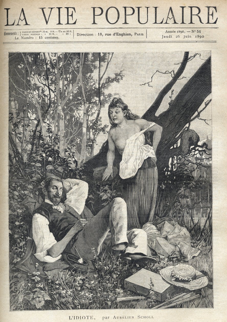 A young woman, disheveled, partially nude, with an exposed chest, leans with confidence and fun