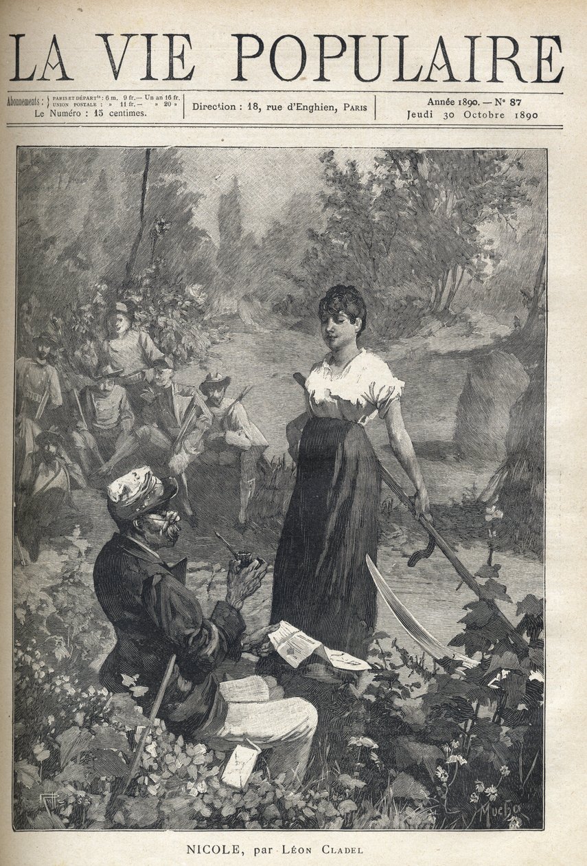 An Old Man Reads a Letter to a Beautiful Young Peasant Holding a Fake (Reaper). Hunters are Watching the Scene in the Distance. Illustration by Alfons Maria Mucha by Alphonse Mucha