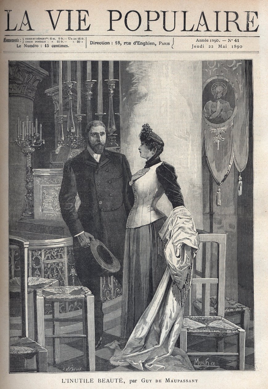 In a church, a beautiful and elegant couple stand up among candles and pray to God. Illustration by Alfons Maria Mucha by Alphonse Mucha