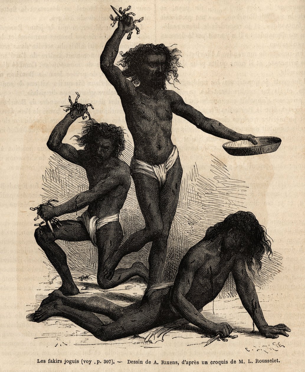 Joguis fakirs, at the Bhopal Fair, are religious beggars who almost bare and their hair spars, walk around shouting and performing a kind of macabre dance, wielding long acere daggers trimmed with steel chainettes, which they sink hallucines into the chest by Alphonse Marie de Neuville