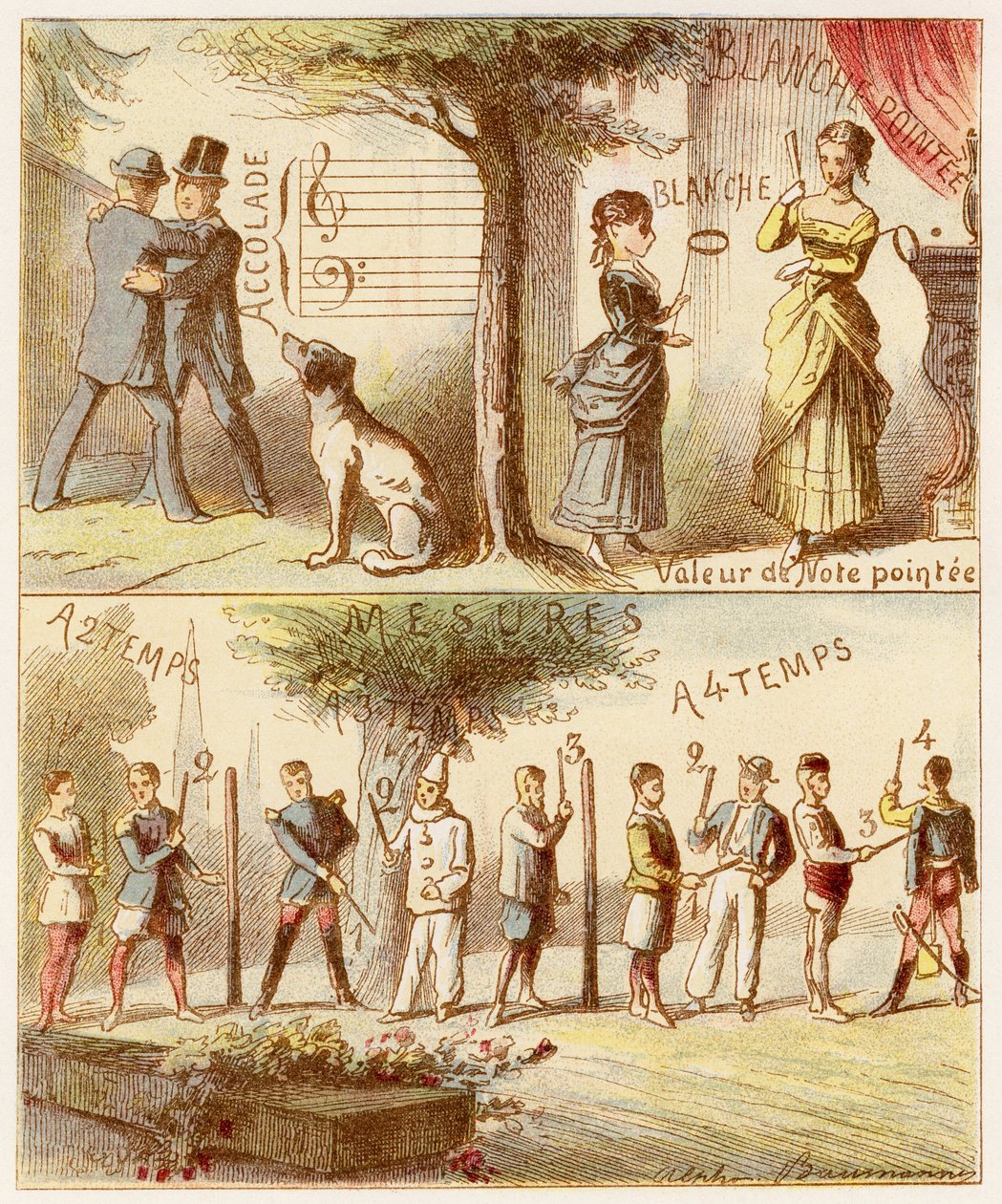 Accolade, Value of Dotted Note, Measures in Two and Four Time - Engraving from the Musical Alphabet of Mlle Lili, by Angelino Trojelli. Library & Education and Recreation Store J. Hetzel & Co, Paris by Alphonse Victor Baumann