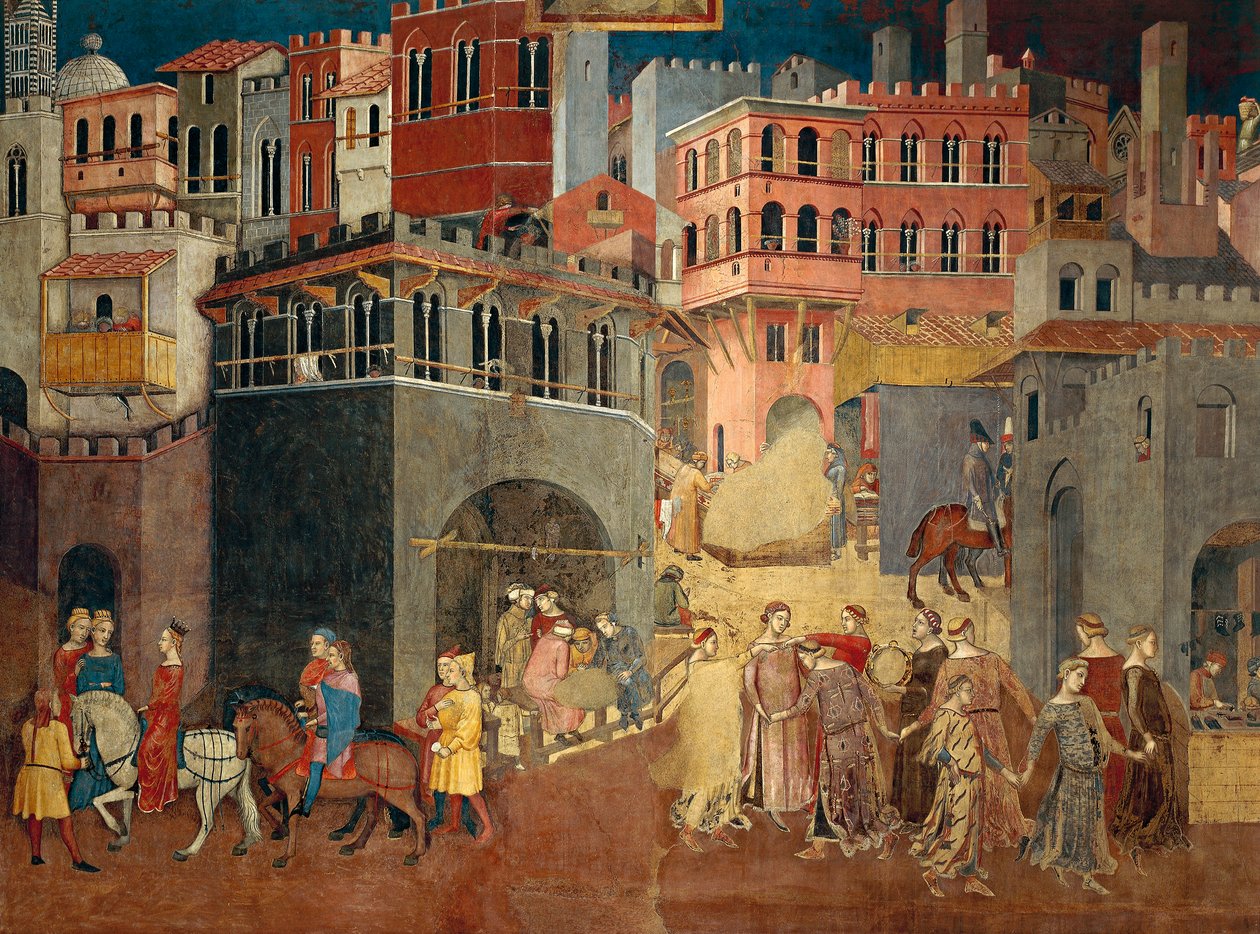 Effects of good government in city, detail from Allegory and effects of good and bad government in town and country by Ambrogio Lorenzetti