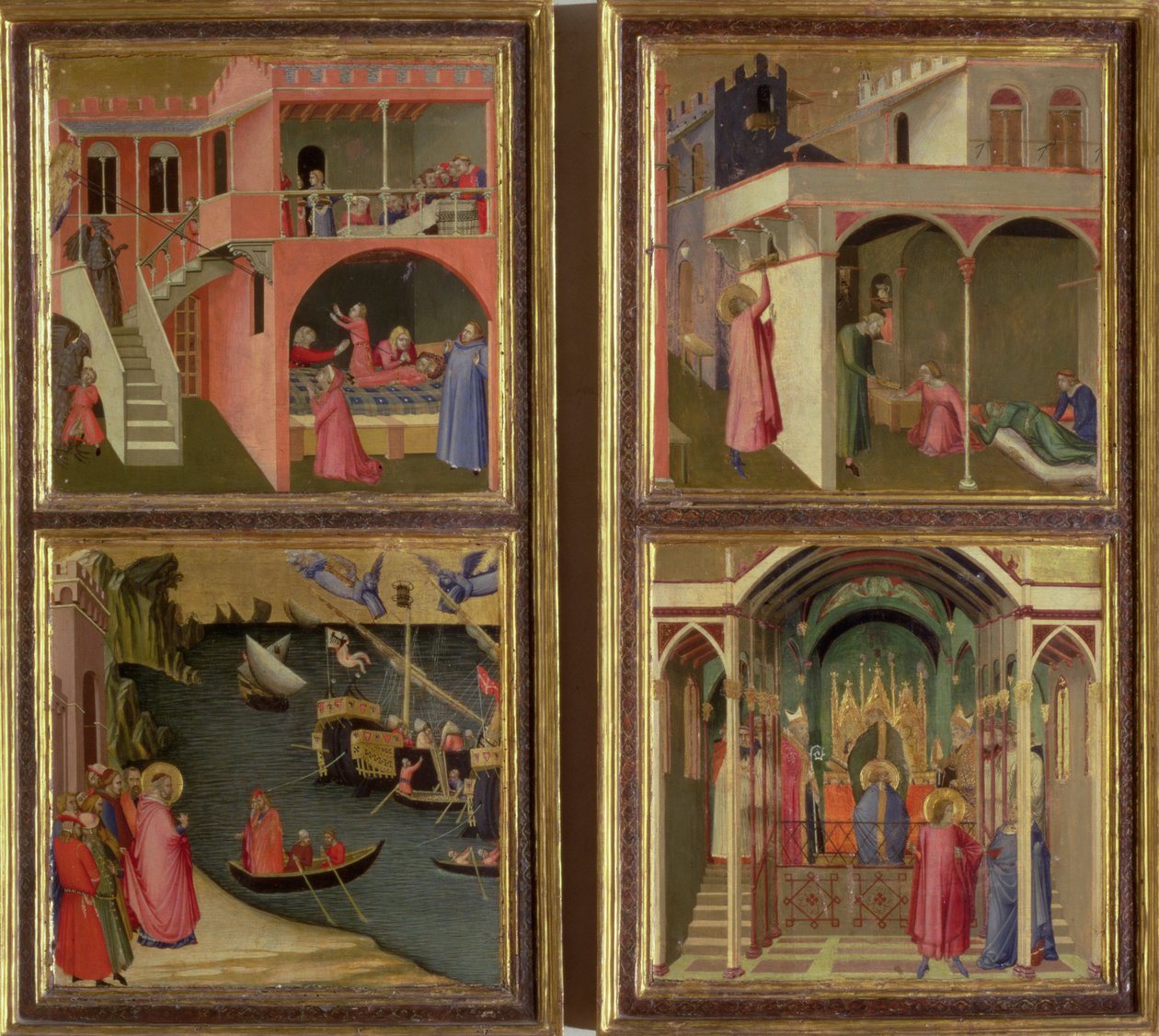 Four Scenes from the Life of St. Nicholas: St. Nicholas gives three girls their dowry; St. Nicholas elected Bishop of Mira; Resuscitating a boy strangled by the Devil; Freeing Mira from famine by Ambrogio Lorenzetti