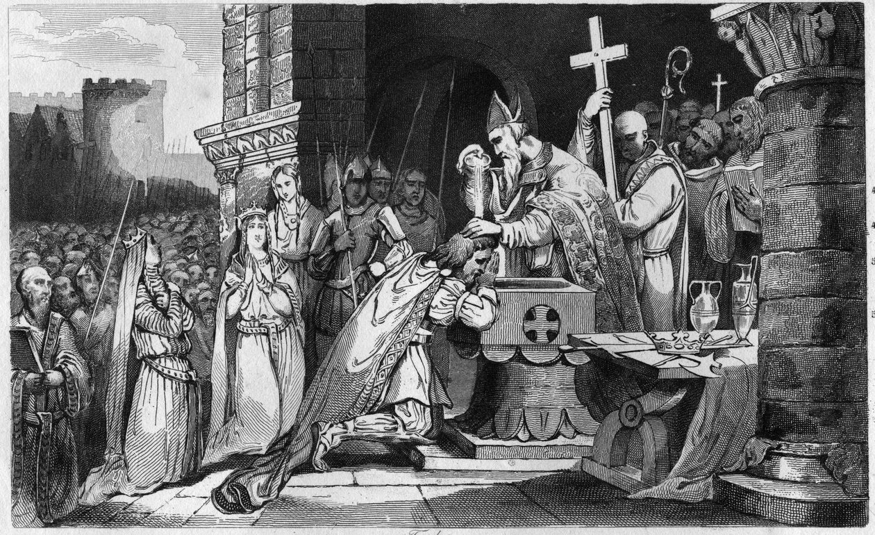 Clovis I Baptised with Men from his Army before the Battle of Tolbiac - Baptism of Clovis 1st, 25th December 496 - Engraving 1825 in 