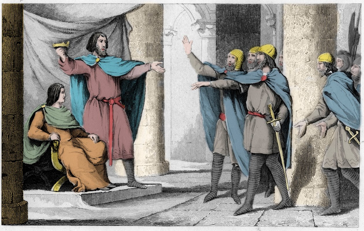 Louis V the Indolent shows his crown to his followers in 986 - Louis V the Lazy (c. 967-987), proclaimed king of France by the protection of Hugues Capet, who became king of France, in 986 - Engraving of 1825 in 