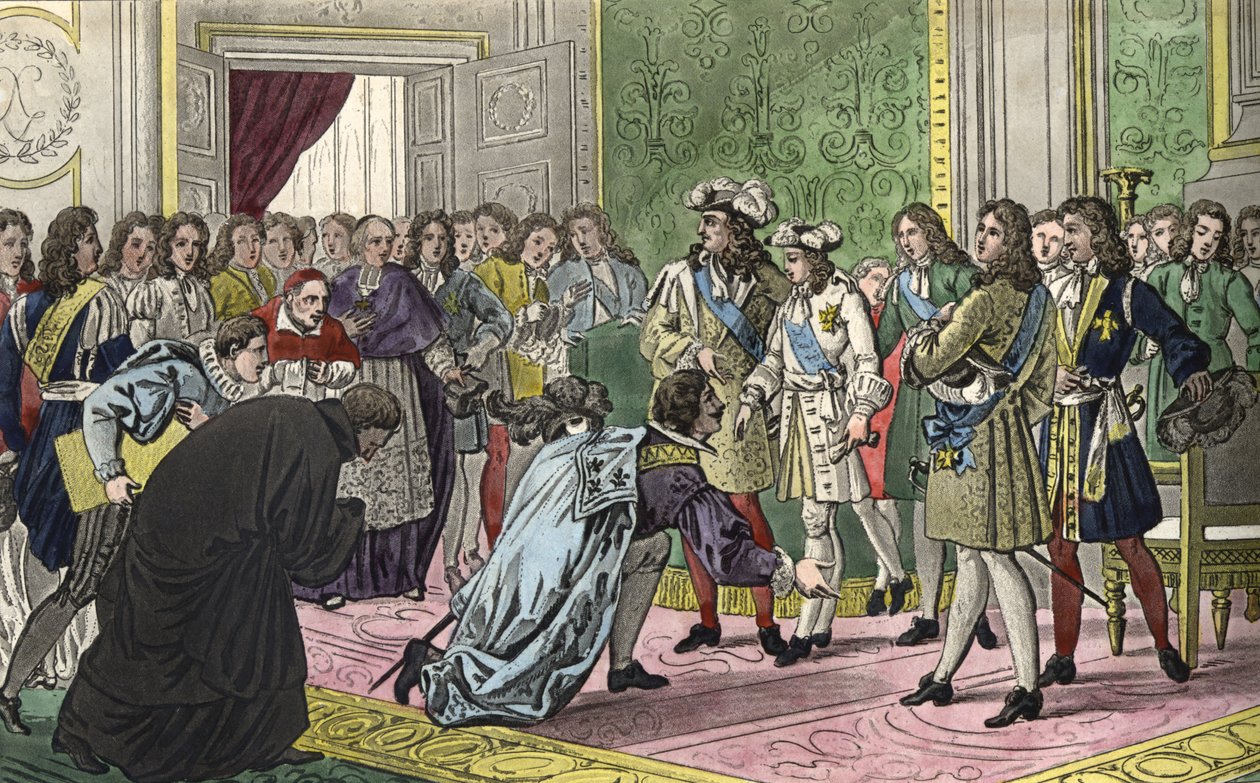 Louis XIV (1638-1715), surrounded by his family and the most important figures of the Court, presents his grandson Philip V to the envoys of Spain as their new king in 1700 - Designed and engraved by Ambroise Tardieu in 1825 by Ambroise Tardieu