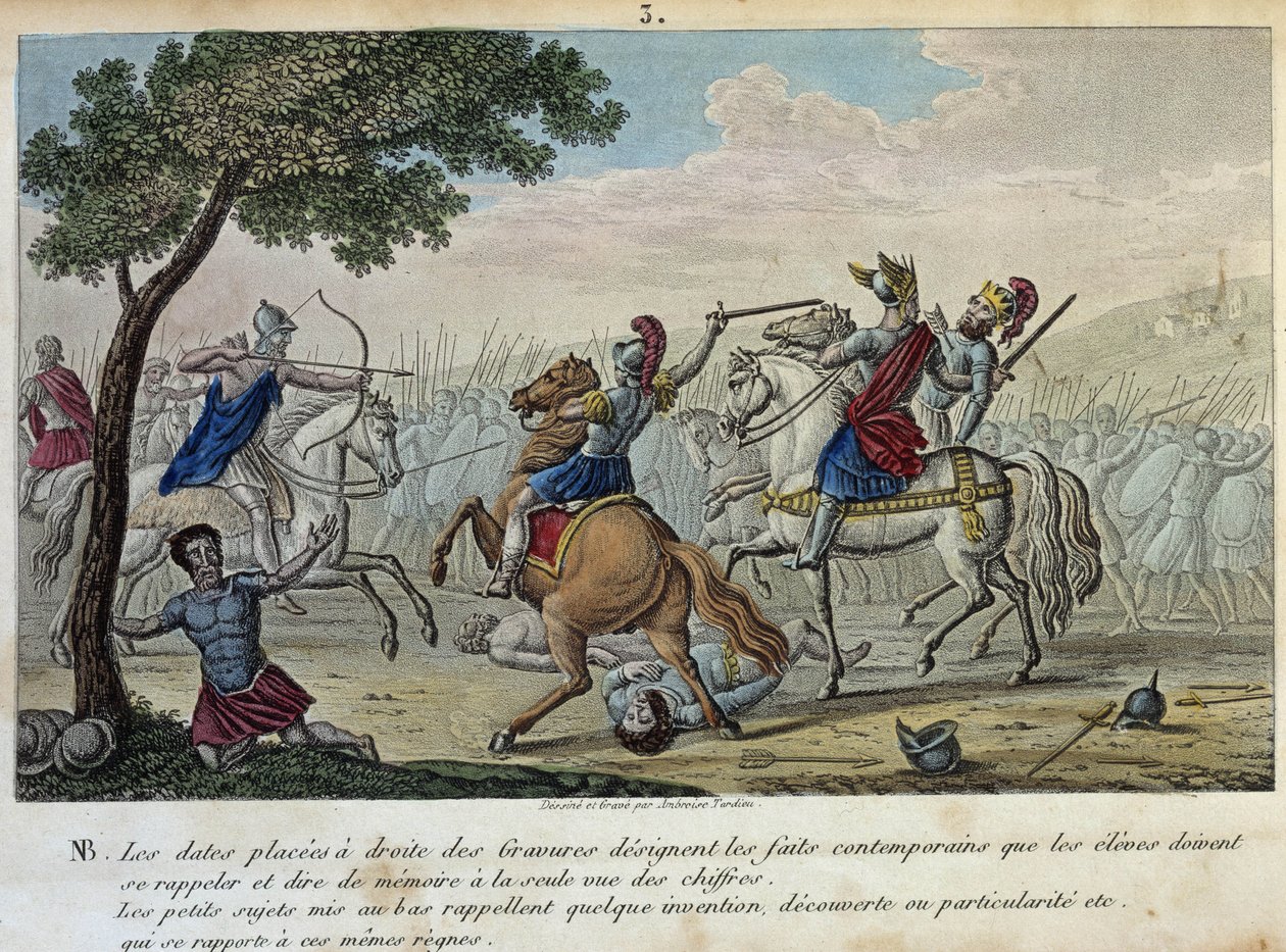 Merovee (447-458) defies Attila at the Catalaunique Fields near Troyes with Aetius and Theodoric I. He is the presumptuous King of the Francs-Salians and gave his name to the Merovingian dynasty. - Draw and grave by Ambrose Tardieu in 1825. by Ambroise Tardieu