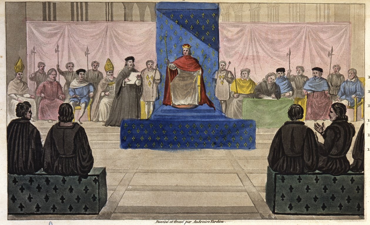 Philip IV brings together at the Louvre the Estates General, composed of clergy, nobility and prominent bourgeois or third-state who was first admitted to it in 1301 - Designed and engraved by Ambroise Tardieu in 1825. by Ambroise Tardieu