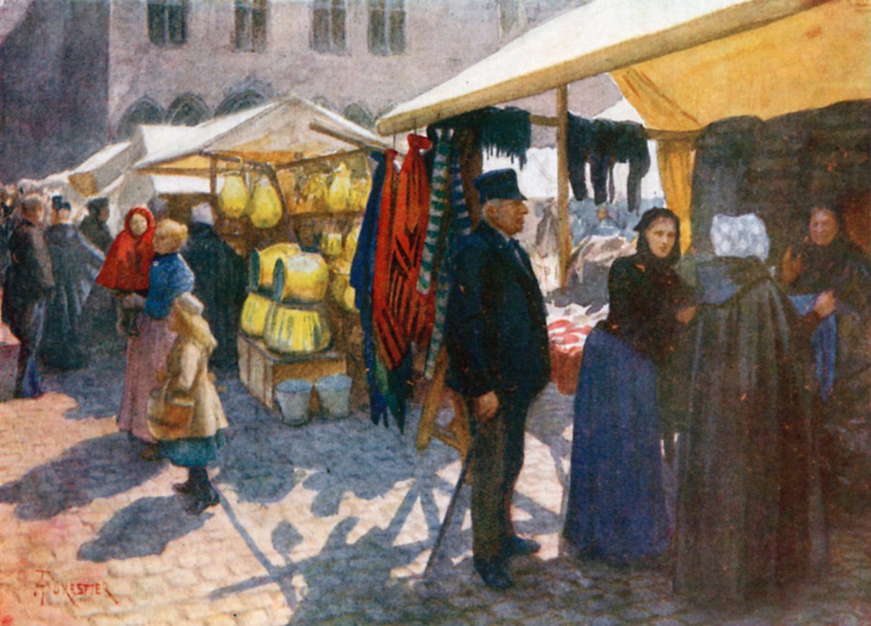 A Corner of the Market on the Grande Place, Bruges by Amedee (after) Forestier