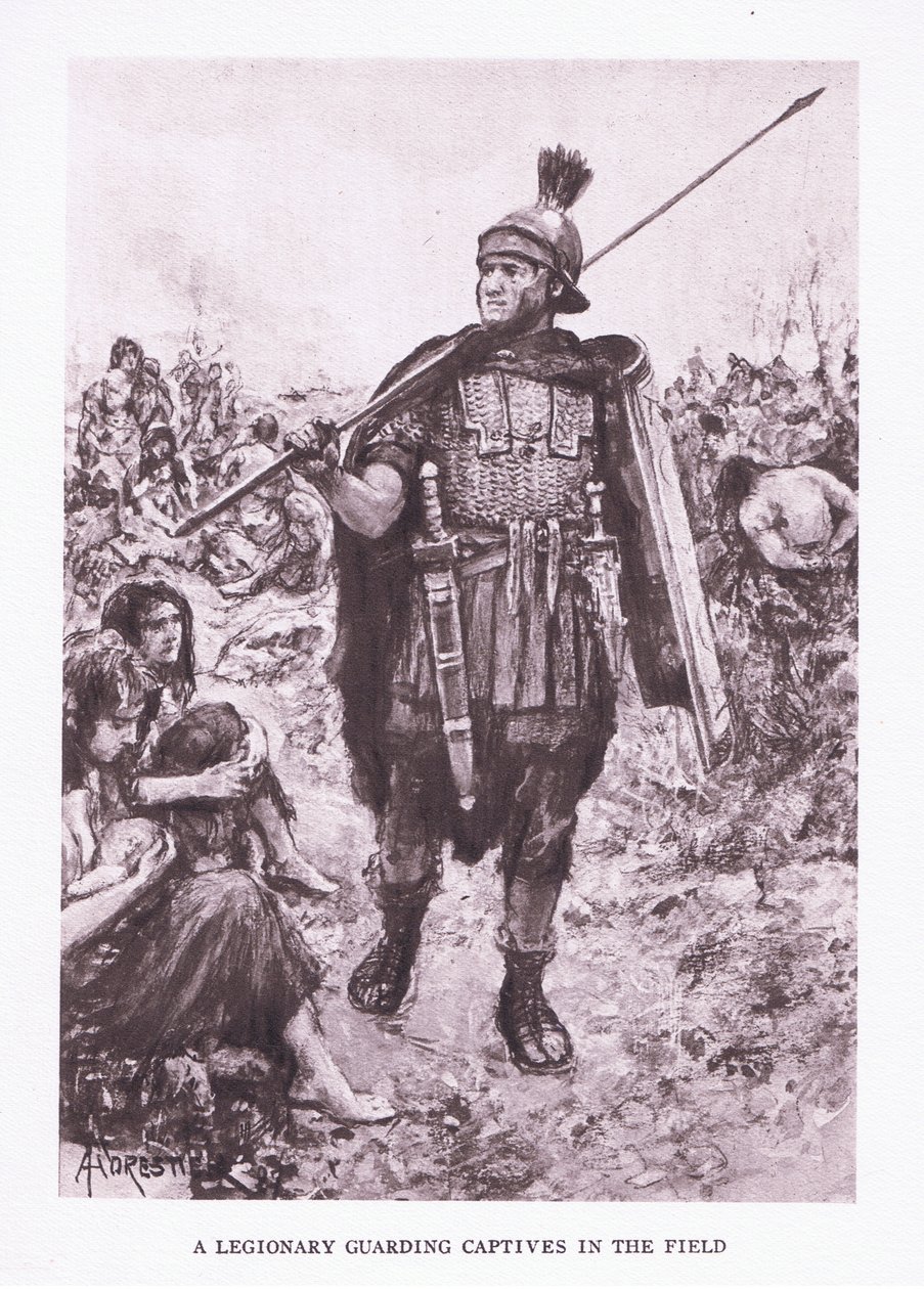 A Legionary Guarding Captives in a Field (illustration from The Roman Soldier) by Amedee Forestier