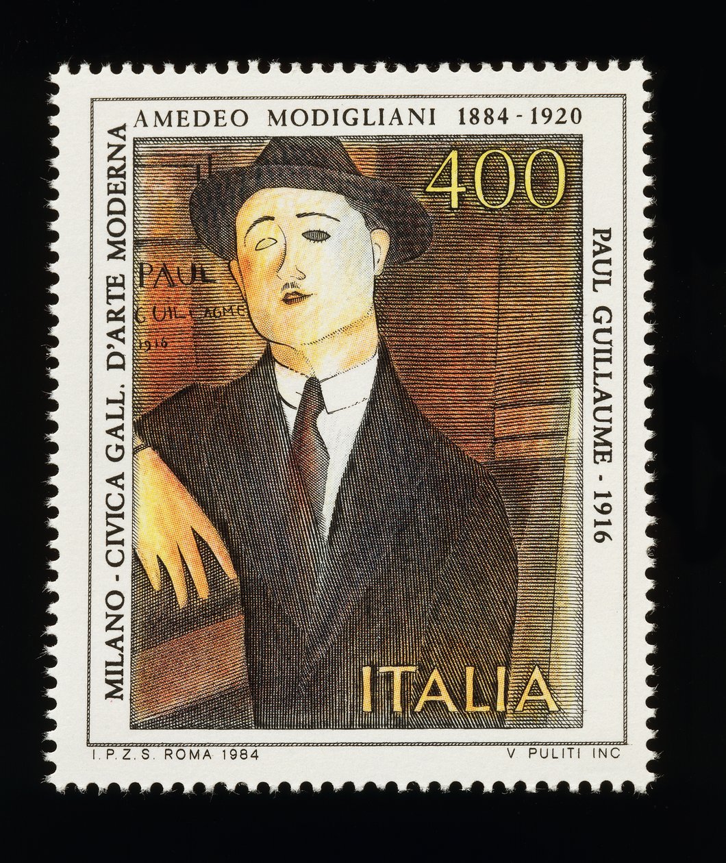 Postage Stamp from Italian Arts Series Honoring Amedeo Modigliani, Depicting Portrait of Paul Guillaume (1916), 400-lire Stamp by Amadeo (after) Modigliani