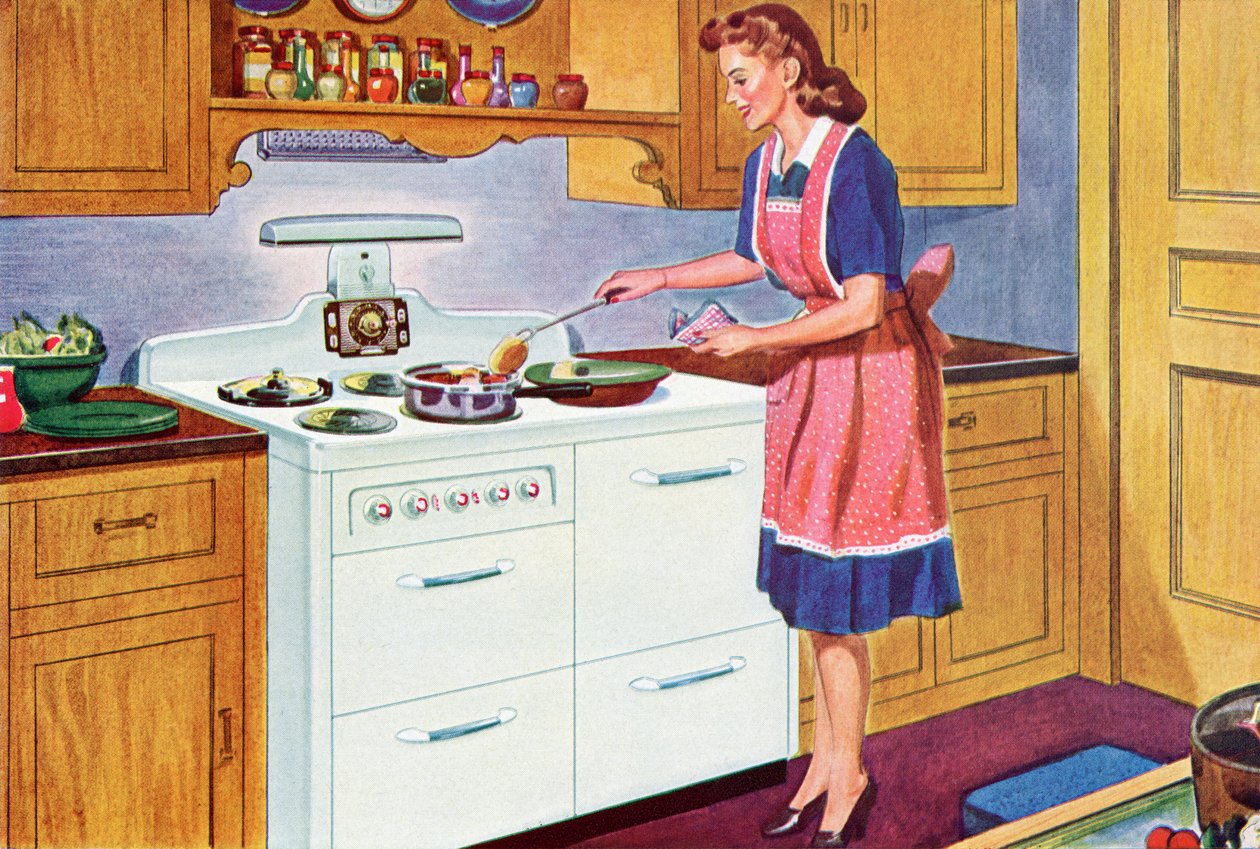 1940s Homemaker Cooking Dinner in Her Dream Kitchen by American School