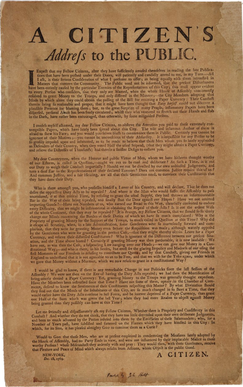 A Citizens Address to the Public re: support of Royal troops, 18th December 1769 by American School