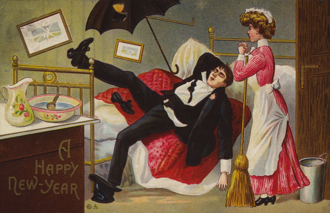 A Happy New Year, Man Drunk on His Bed, Maid Looking On by American School
