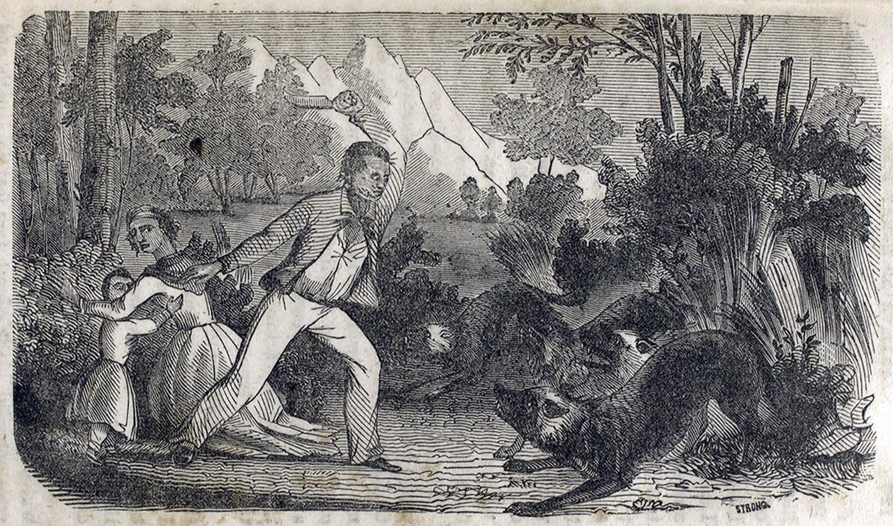 A man standing in front of a woman and child fighting off dogs by American School