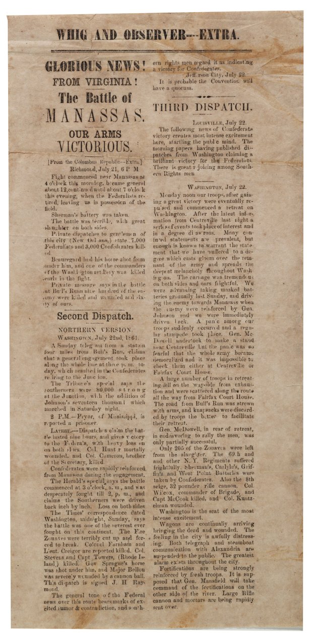 Broadside Announcing the First Battle of Manassas, Whig and Observer Extra, After 22 July 1861 by American School