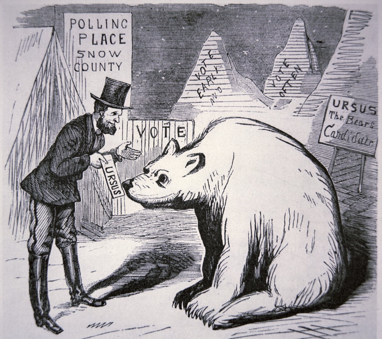 Cartoon depicting American politician trying to find voters in Uninhabited Alaska by American School