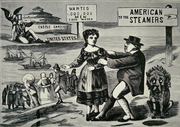 Cartoon showing John Bull trying to stop the increasing flow of workers to the US, c.1850 by American School