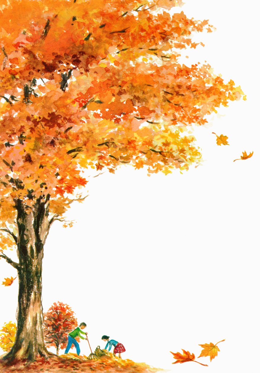 Children Raking Fall Leaves Under a Large Maple Tree by American School
