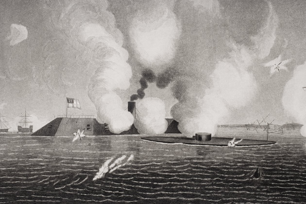 Combat Between the Confederate CSS Virginia and the Union USS Monitor on March 9th 1862 at Hampton Roads, Virginia (detail) by American School