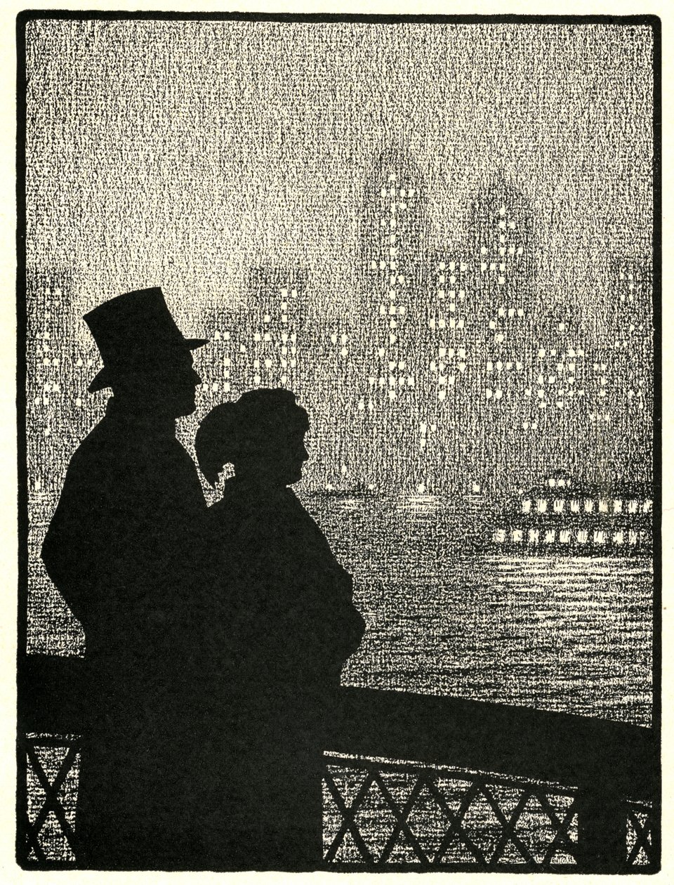 Couple Looking at Manhattan Skyline by American School