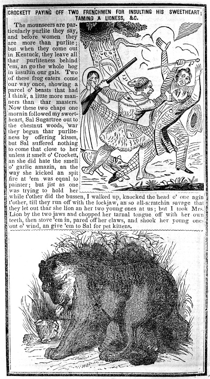 Davy Crockett Paying off Two Frenchmen for Insulting His Sweetheart, Taming a Lioness, etc., illustration from Crocketts Almanack by American School