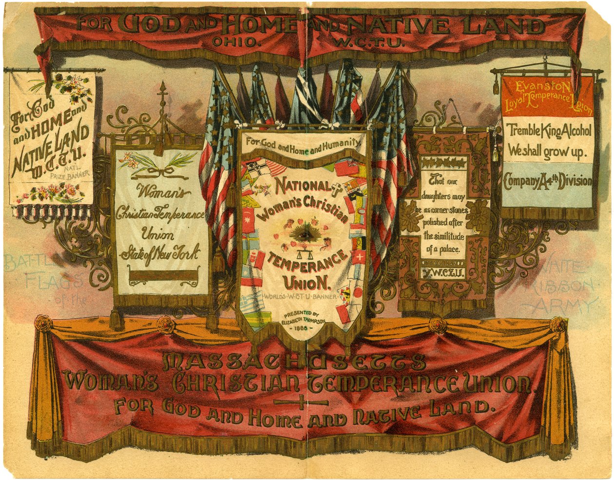 For God and Home and Native Land... Womans Christian Temperance Union, Battle Flags of the White Ribbon Army, 1885 by American School