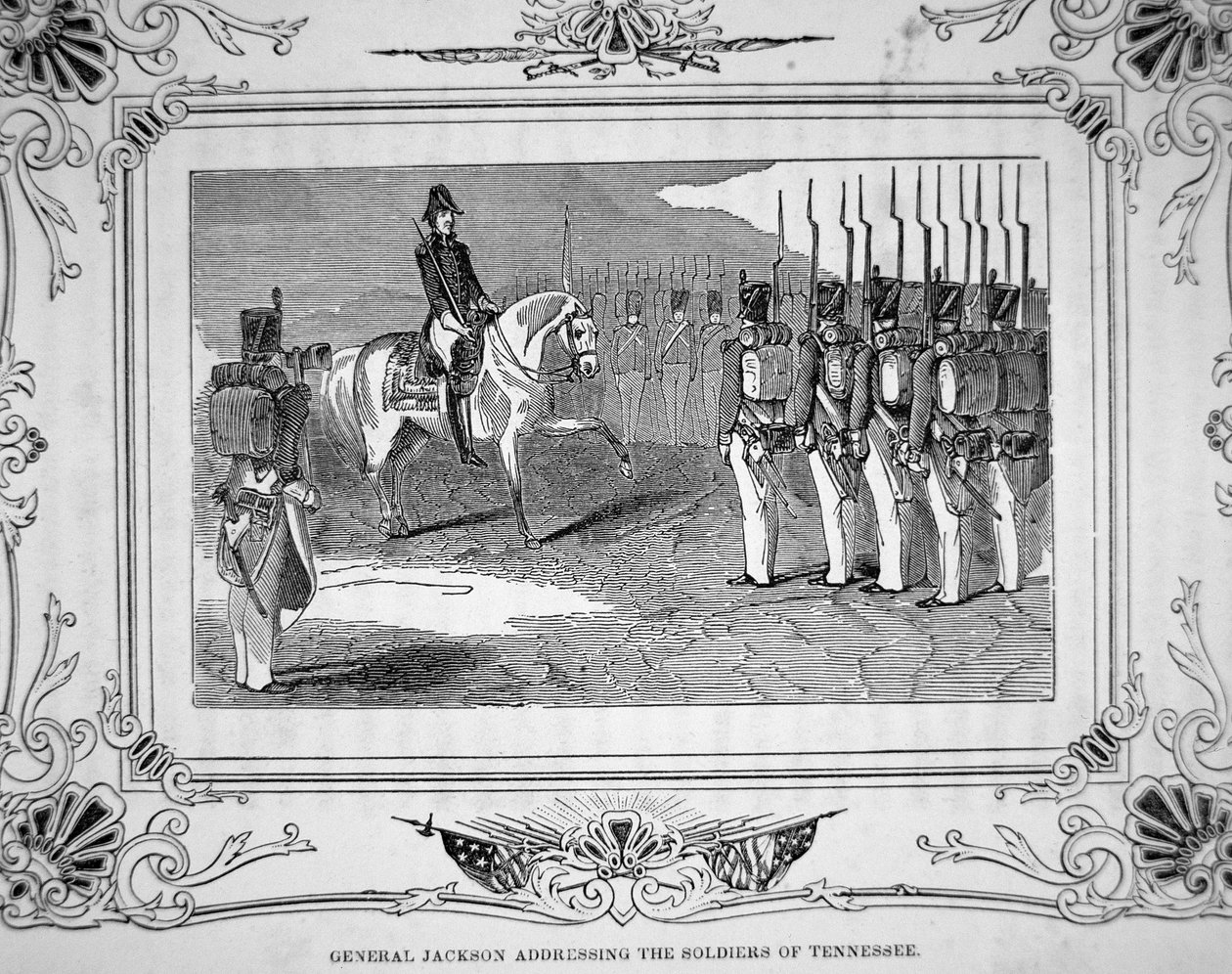 General Andrew Jackson speaks to the Tennessee Militia before the Battle of Horsehoe Bend, 27th March 1814 by American School