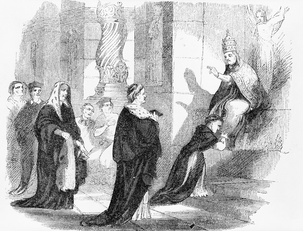 Illustration from an Anti-Catholic pamphlet showing a priest kissing the robes of the Pope by American School