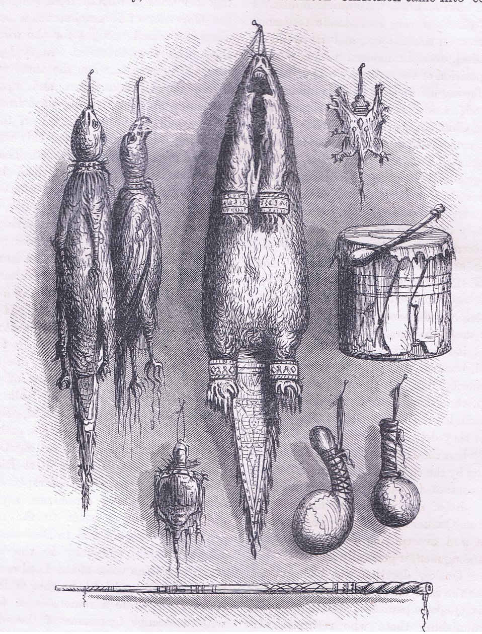 Indian medicine bag, mystery whistle, battles and drum 1661, illustration from Cassell
