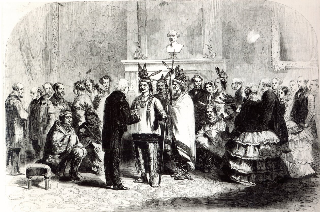 James Buchanan, President of the United States, inducing the hostile tribes of the Pawnees and the Poncas to shake hands, 1858 by American School