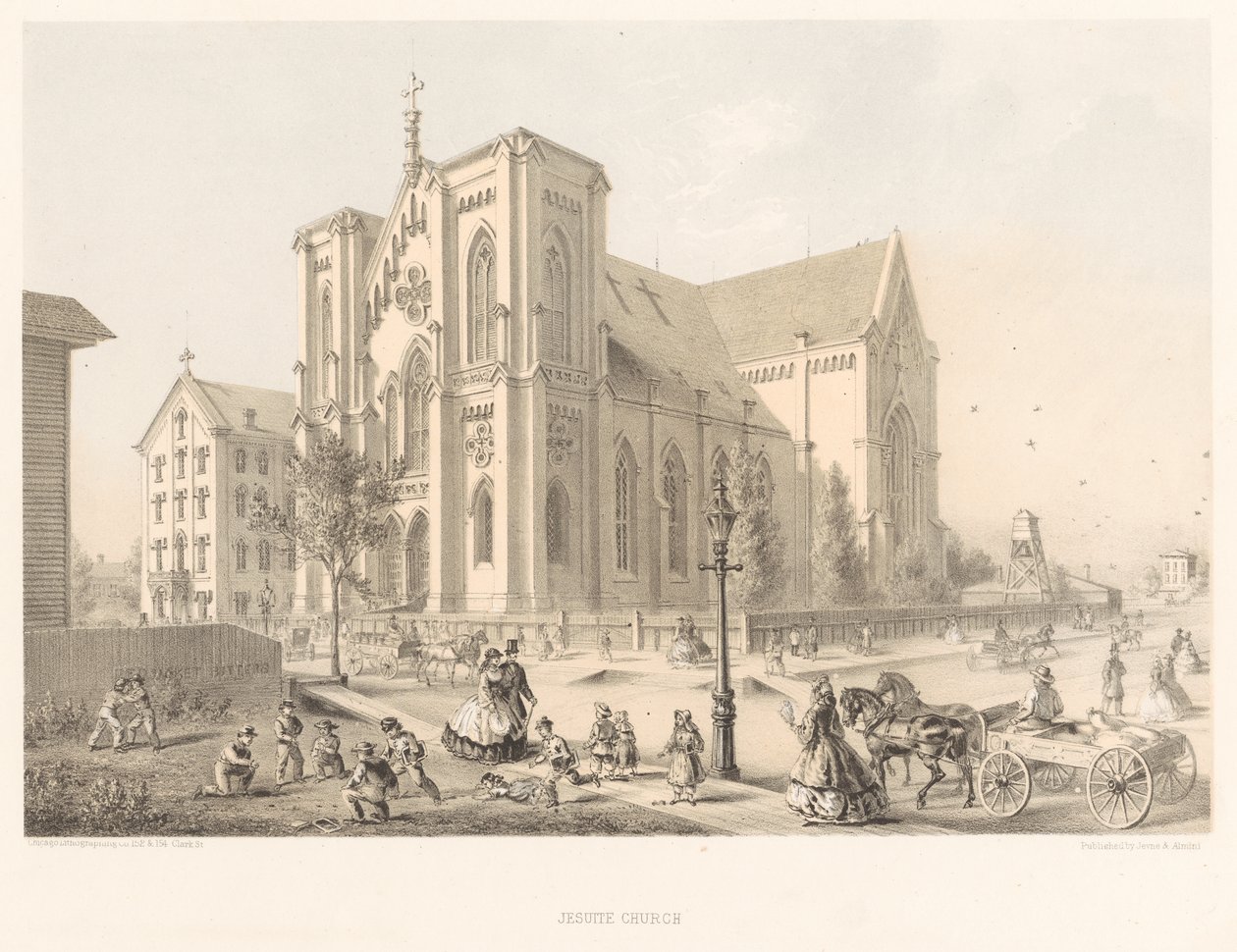 Jesuit Church, Church of the Holy Family, Chicago 1866 (lithograph) by American School