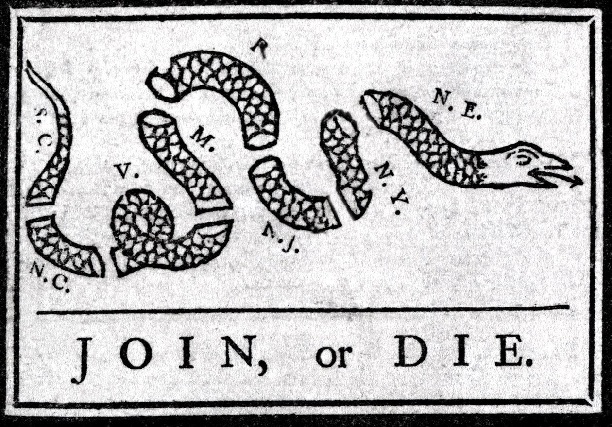 Join or Die, drawing, considered the first political cartoon, published in the Pennsylvania Gazette by Benjamin Franklin in 1754. It represents a snake divided into several sections with the legend 