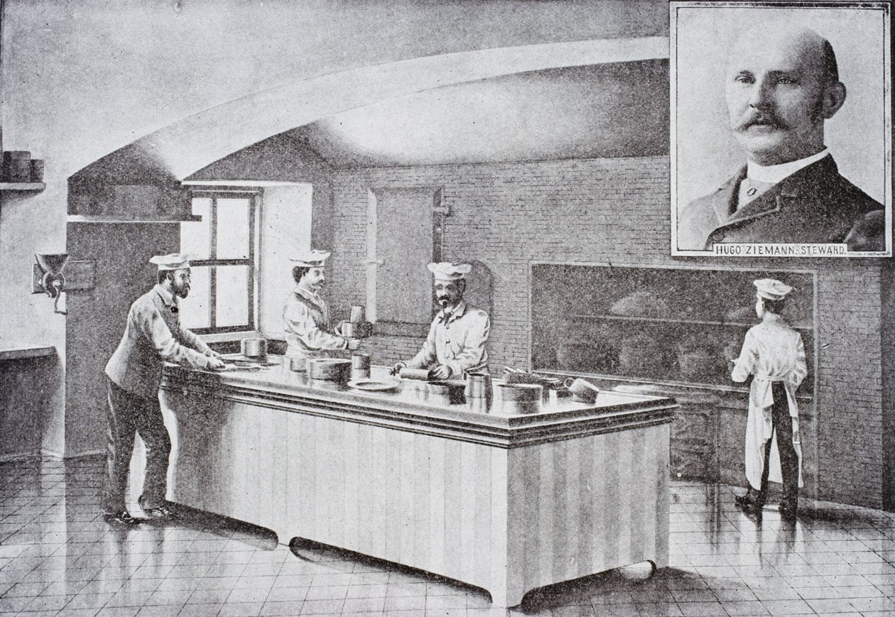 Kitchen of The White House in the 1890s, with inset portrait of Hugo Ziemann by American School