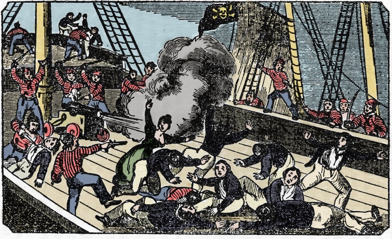 The death of the pirate gentleman Jean Lafitte, engraving of The pirate own book 1837. by American School