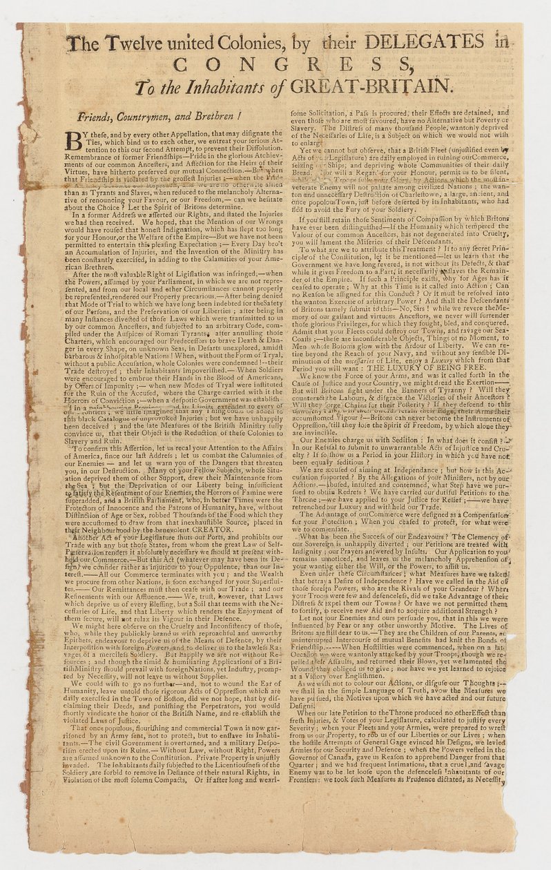 Letter of the Twelve United Colonies to the Inhabitants of Great Britain by American School
