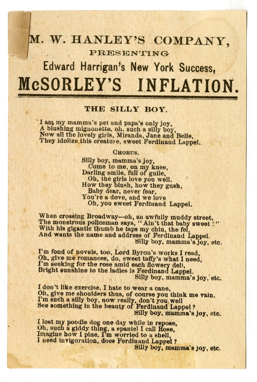 M.W. Hanleys Col presenting Edward Harrigans latest N.Y. Success, McSorleys Inflation [theatre card]. Verso, c.1882 by American School