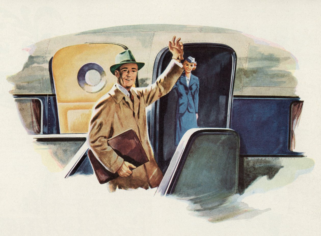 Man Waves Goodbye as He Boards an Airplane