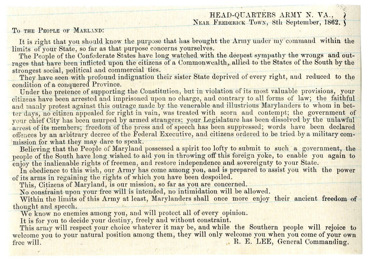 Message to the People of Maryland to support the Confederacy, 8th September 1862 by American School