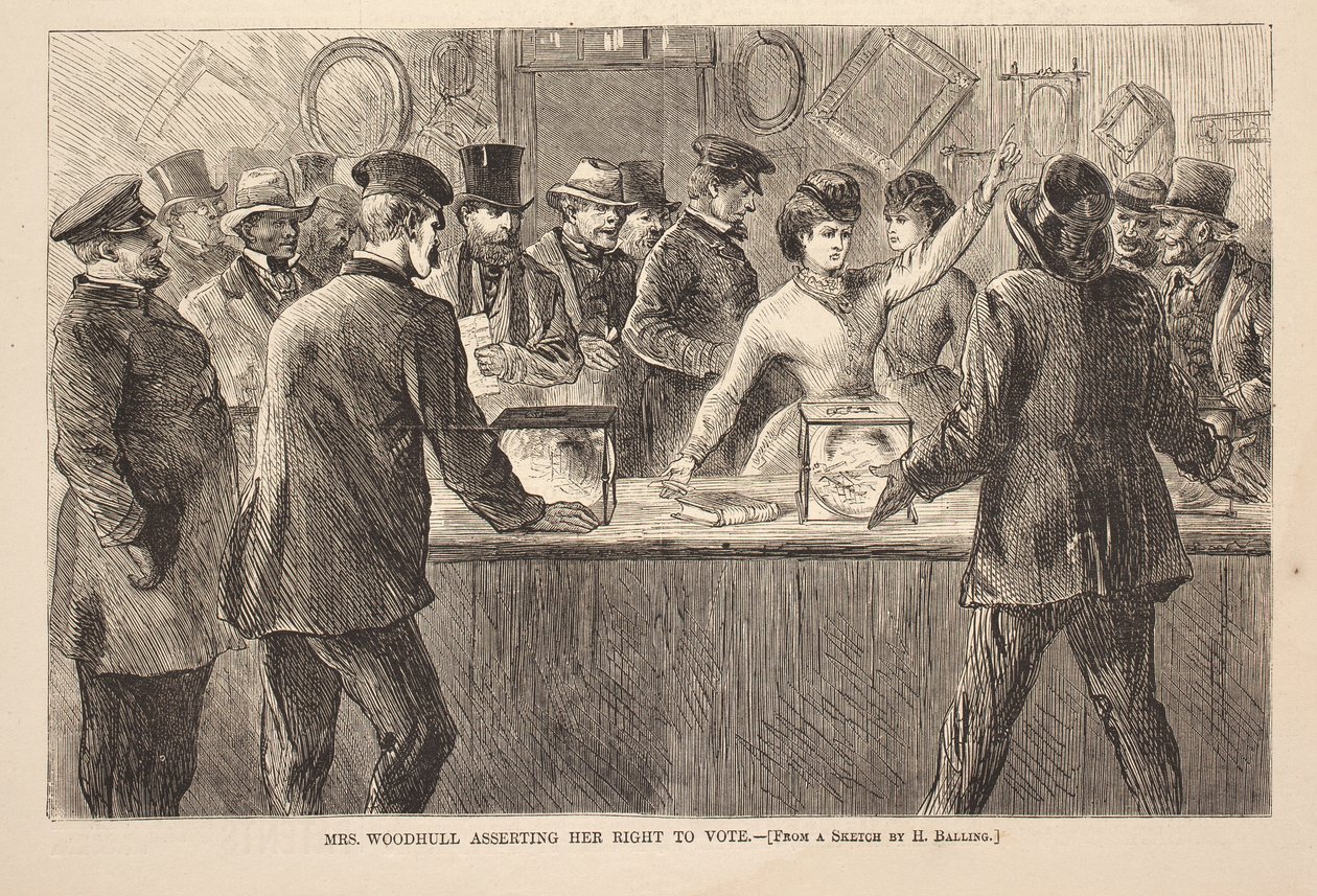 Mrs. Woodhull Asserting Her Right to Vote, engraving from Harper’s Weekly, November 25 by American School