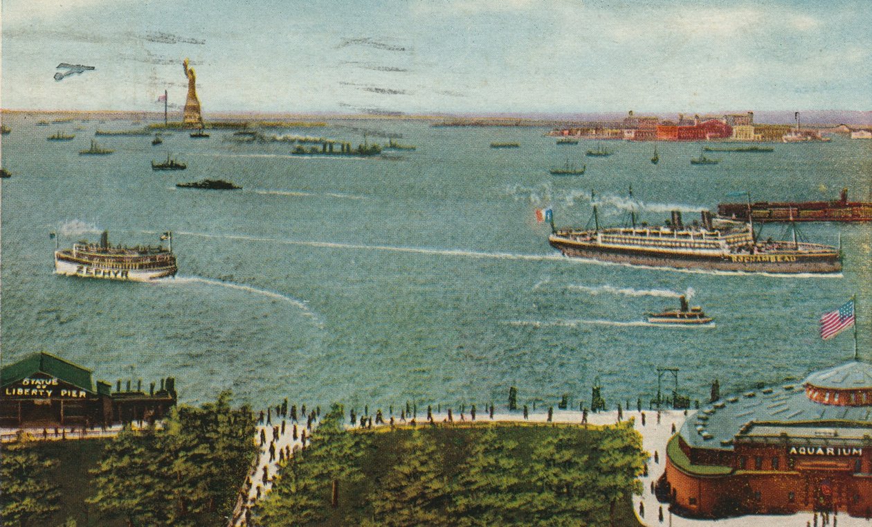 New York Harbor from the Battery, Showing Statue of Liberty and Ellis Island by American School